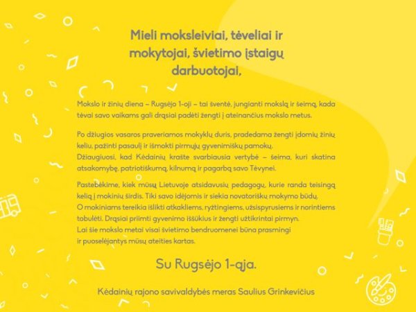 Rajono mero S. Grinkevičiaus sveikinimas Mokslo ir žinių dienos proga