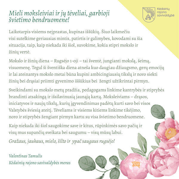 Mero Valentino Tamulio sveikinimas Mokslo ir žinių dienos proga