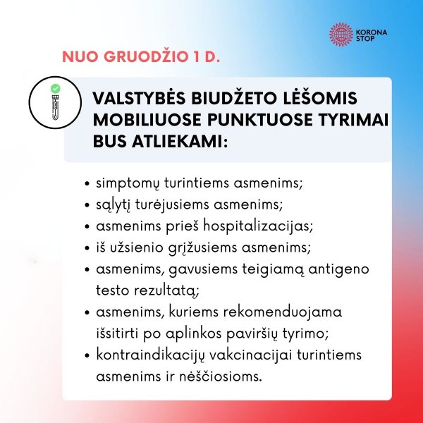 Nuo gruodžio 1 d. keičiasi testavimas mobiliuose punktuose