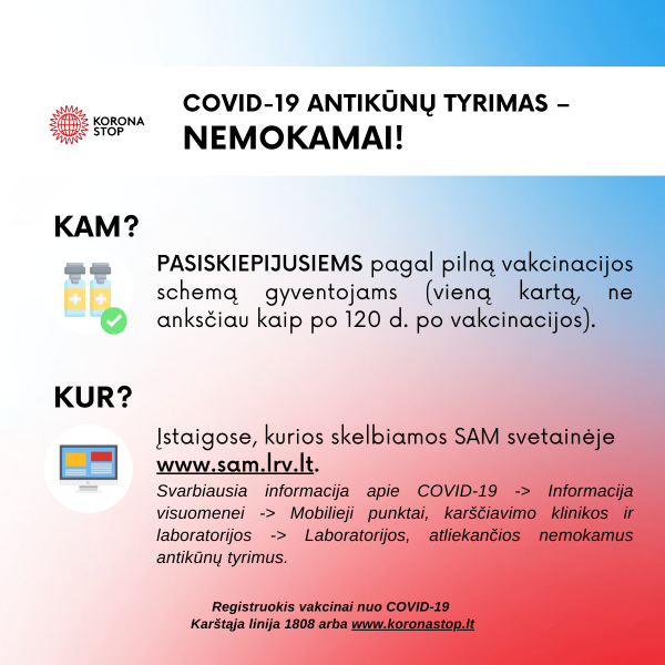 COVID-19 naujienos: nuo gruodžio 1 d. pasiskiepiję žmonės galės atlikti nemokamą antikūnų testą