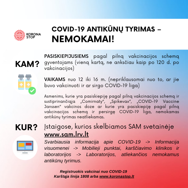 Plečiamas asmenų, galinčių atlikti nemokamą antikūnų tyrimą, sąrašas 