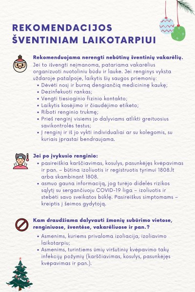 COVID-19 naujienos: SAM rekomendacijos artėjančiam šventiniam laikotarpiui
