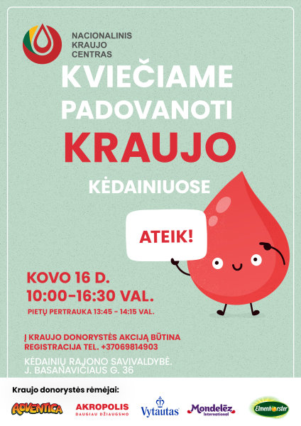 Nacionalinis kraujo centras kviečia kėdainiečius dalyvauti kraujo donorystės akcijoje