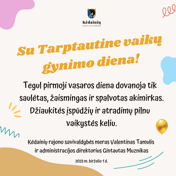 Sveikinimas Tarptautinės vaikų gynimo dienos proga