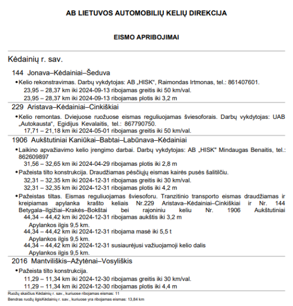 Informacija apie eismo ribojimus