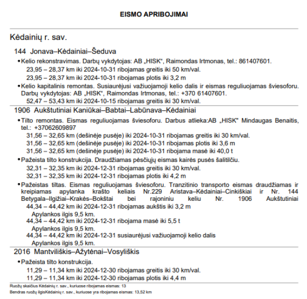 ,,Via Lietuva" informacija apie Kėdainių rajono savivaldybės teritorijoje esančius eismo...