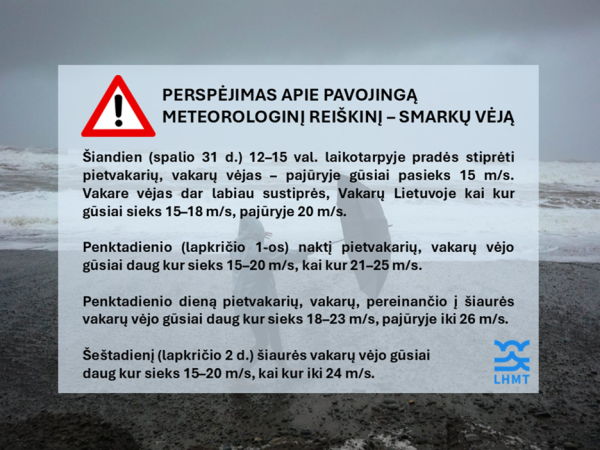  Perspėjimas apie pavojingą meteorologinį reiškinį – smarkų vėją spalio 31–lapkričio 2 d.