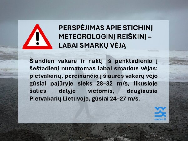 Perspėjimas apie stichinį meteorologinį reiškinį – labai smarkų vėją sausio 3–4 d.