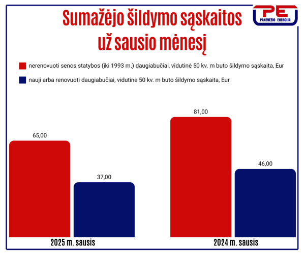 Sausio sąskaitos už šildymą vidutiniškai 20 proc. mažesnės nei pernai