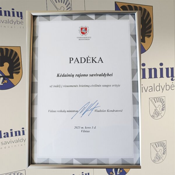 Kėdainių rajono savivaldybė įvertinta už indėlį į visuomenės švietimą civilinės saugos srityje