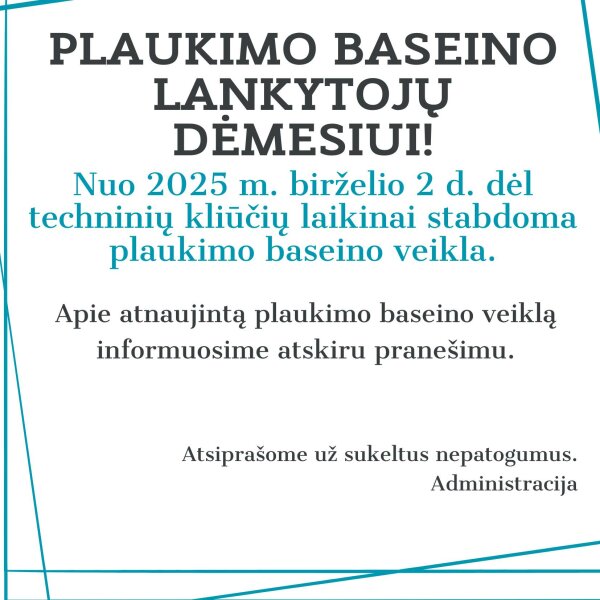 Dėl techninių kliūčių laikinai stabdoma plaukimo baseino veikla