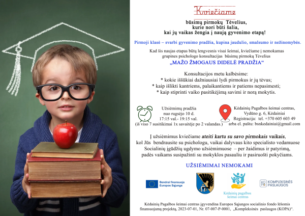 Būsimų pirmokų tėvelius kviečia į nemokamas grupines psichologo konsultacijas! 