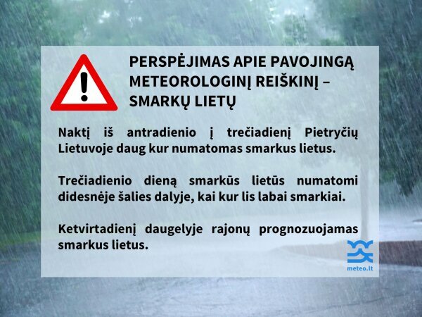 Dėmesio: šiandien daugelyje rajonų lis — didesnėje šalies dalyje lietus bus smarkus, kai kur...