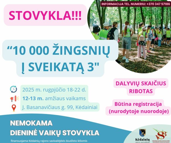 Kviečiame registruotis į nemokamą dieninę stovyklą 12-13 metų amžiaus vaikams ,,10 000 žingsnių į...