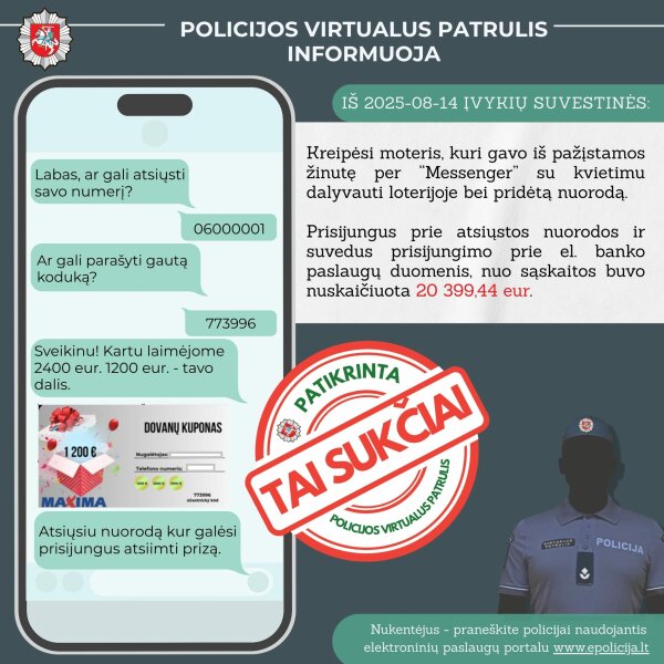 Gavote žinutę iš seno pažįstamo apie „laimėtą prizą“?  Deja, tai ne prizas – tai sukčių spąstai,...