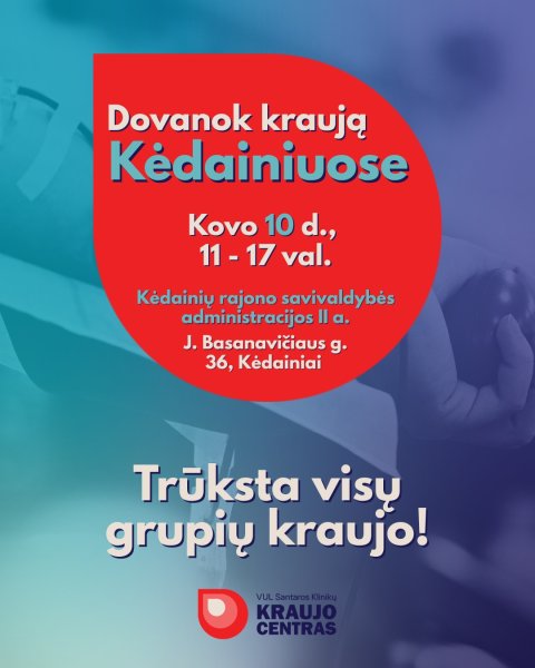 VUL Santaros klinikų Kraujo centras praneša, kad šiuo metu trūksta visų grupių kraujo: kovo 10 d....