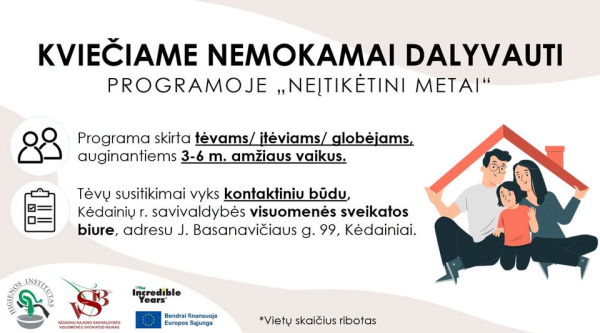Kėdainių rajono savivaldybės visuomenės sveikatos biuras kviečia registruotis į nemokamą programą...